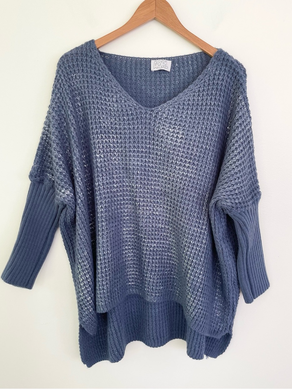 AQRL Made in Italy Waffle Knit Metallic Oversized Relaxed Fit Sweater Blue OS